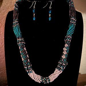 Seed Bead Rope Necklace and Dangle Earrings Set, Unsigned